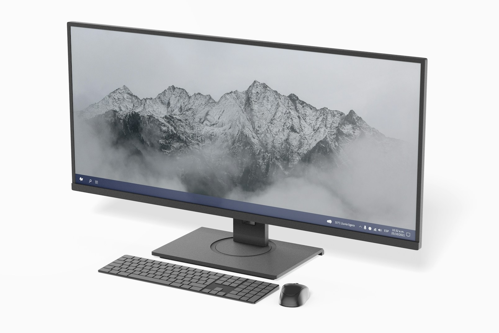 Ultrawide Computer Monitor with Keyboard and Mouse  Mockup