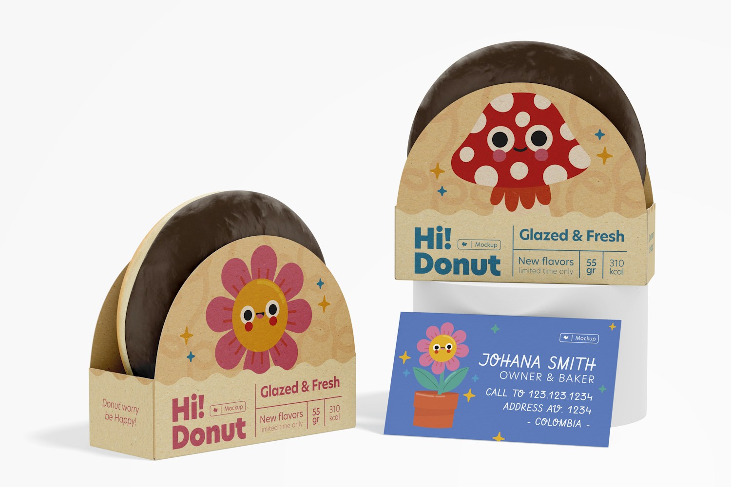 Donut Box with Stationery Mockup, Front View