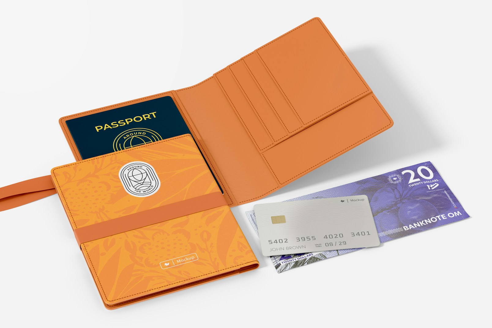 Passport Holders with Band Mockup, Opened and Closed
