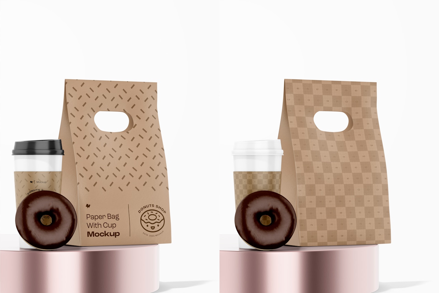 Paper Bag with Cup Mockup, on Podium