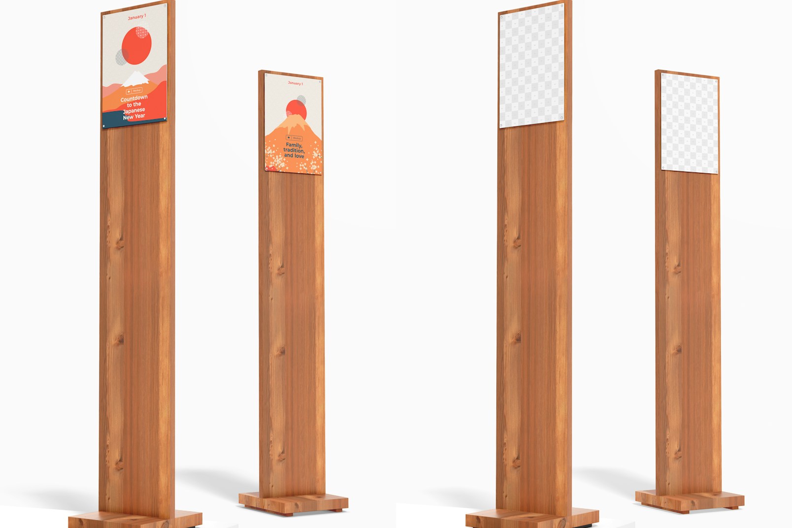 Wood Stands with A4 Poster Mockup, Low Angle View
