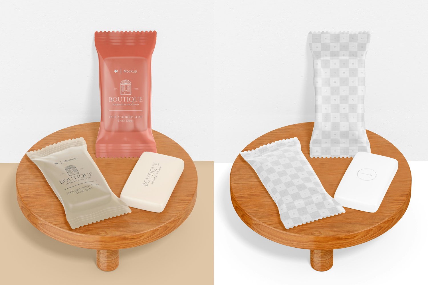 Rectangular Soap Bags Mockup, on Surface