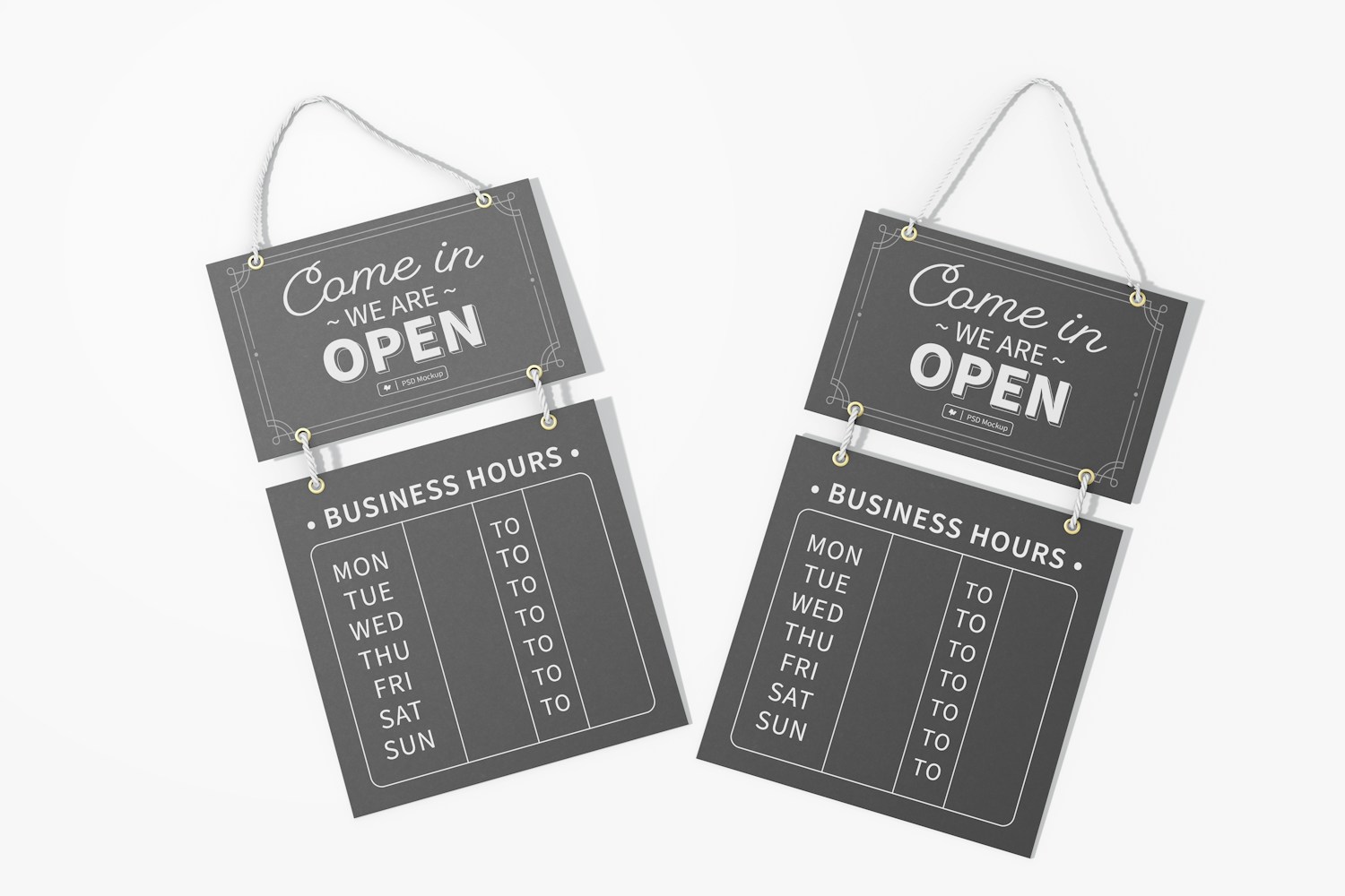 Business Hours Hanging Signs Mockup, Top View