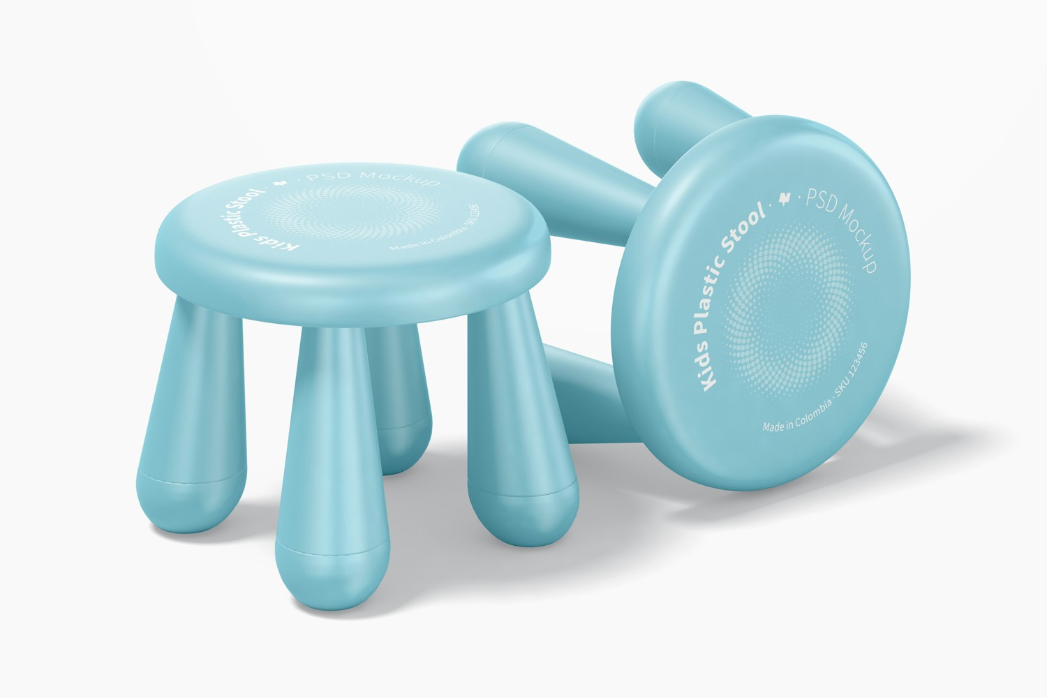 Kids Plastic Stool Mockup, Standing and Dropped