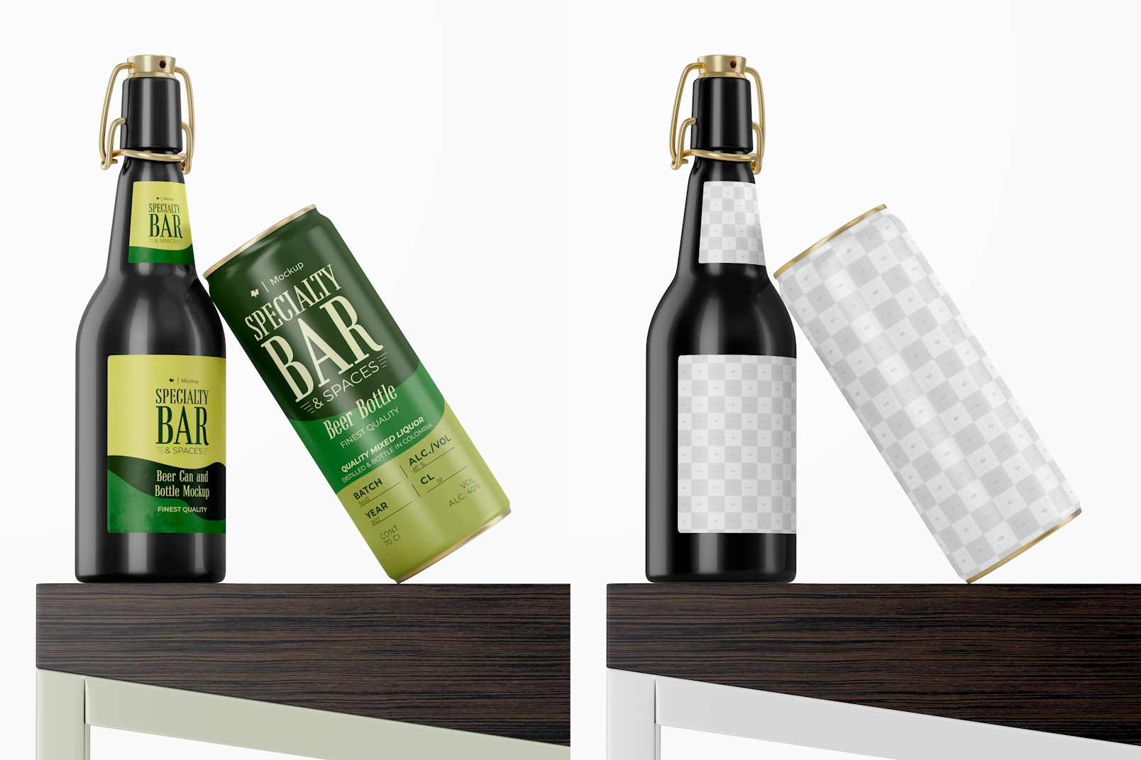 Beer Can and Bottle Mockup, Leaned