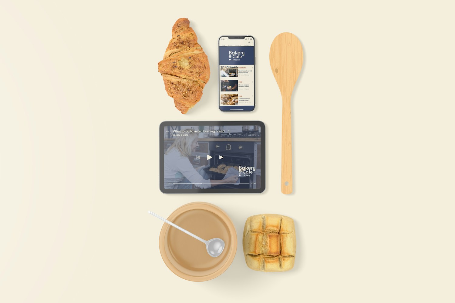 Bakery Items with Devices Mockup, Top View