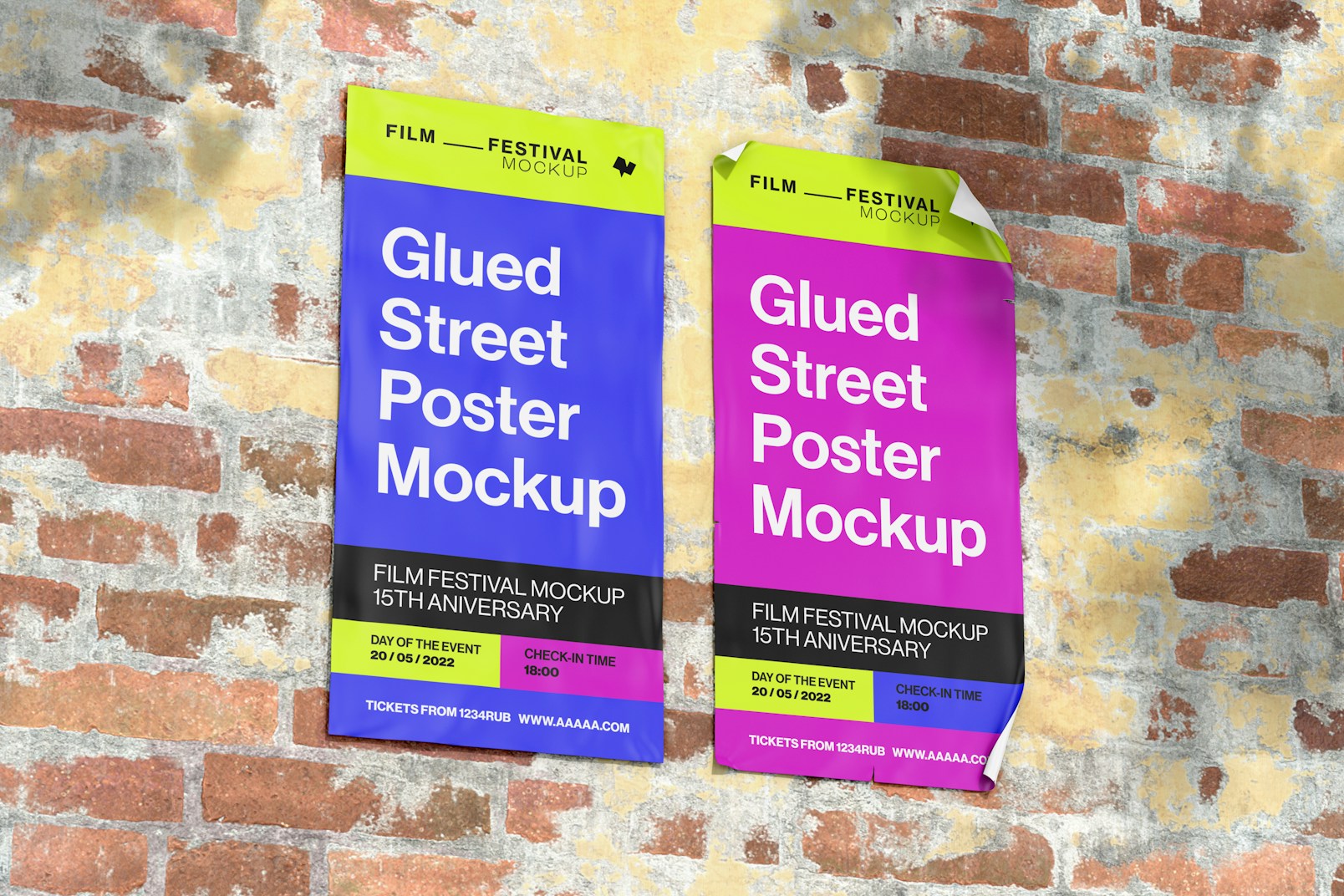Glued Street Posters Mockup, Low Angle View