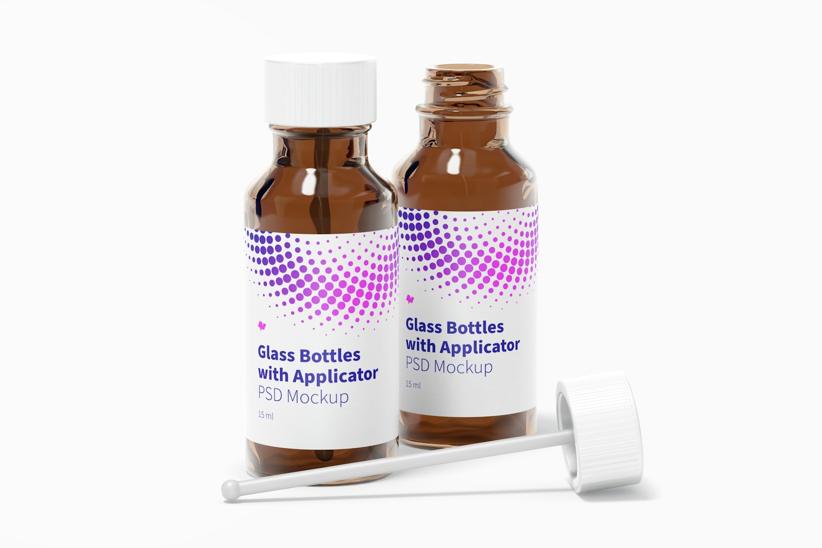 Round Glass Bottles with Applicator Rod Mockup, Front View