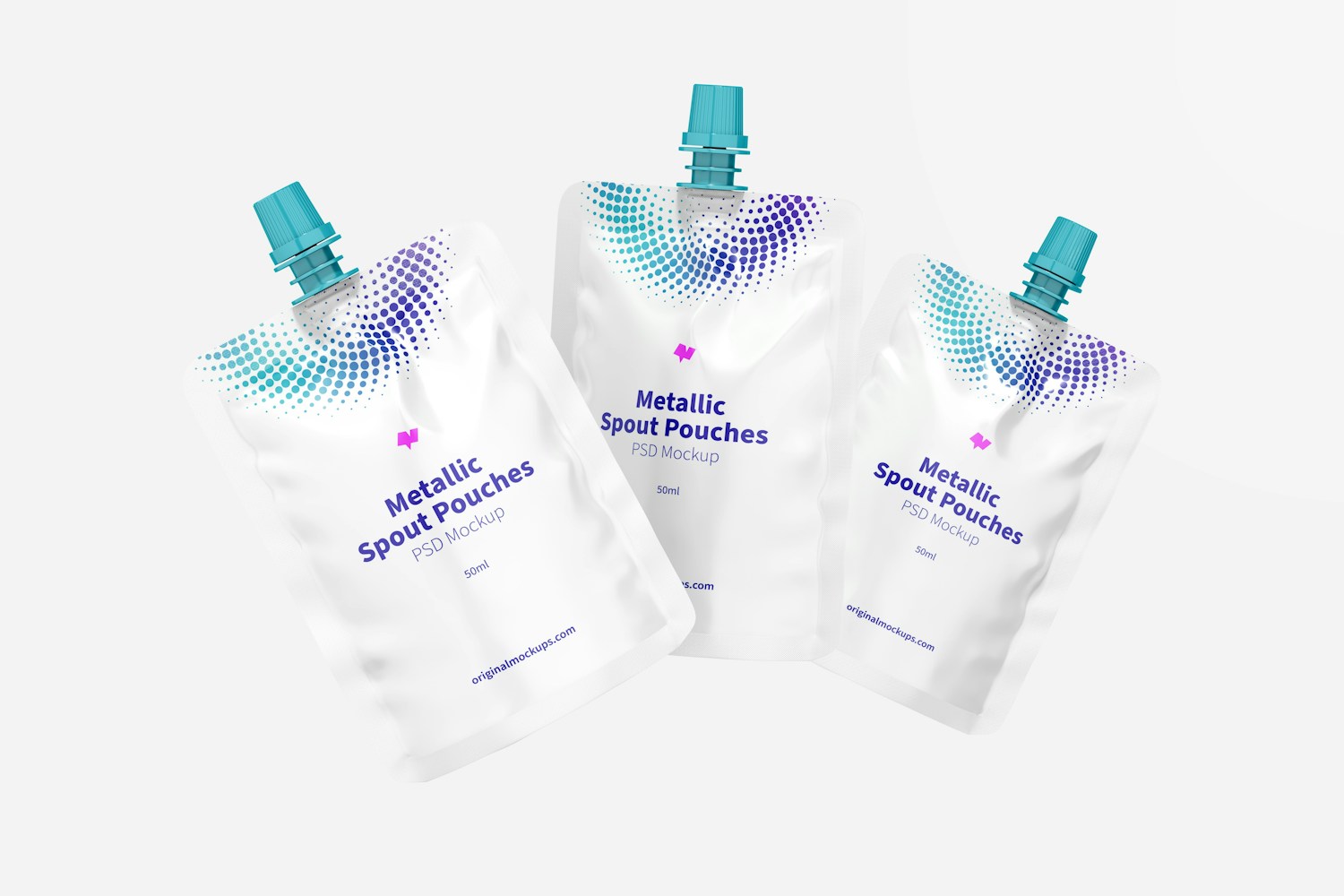 50ml Metallic Spout Pouches Set Mockup 50ml Metallic Spout Pouches Set Mockup