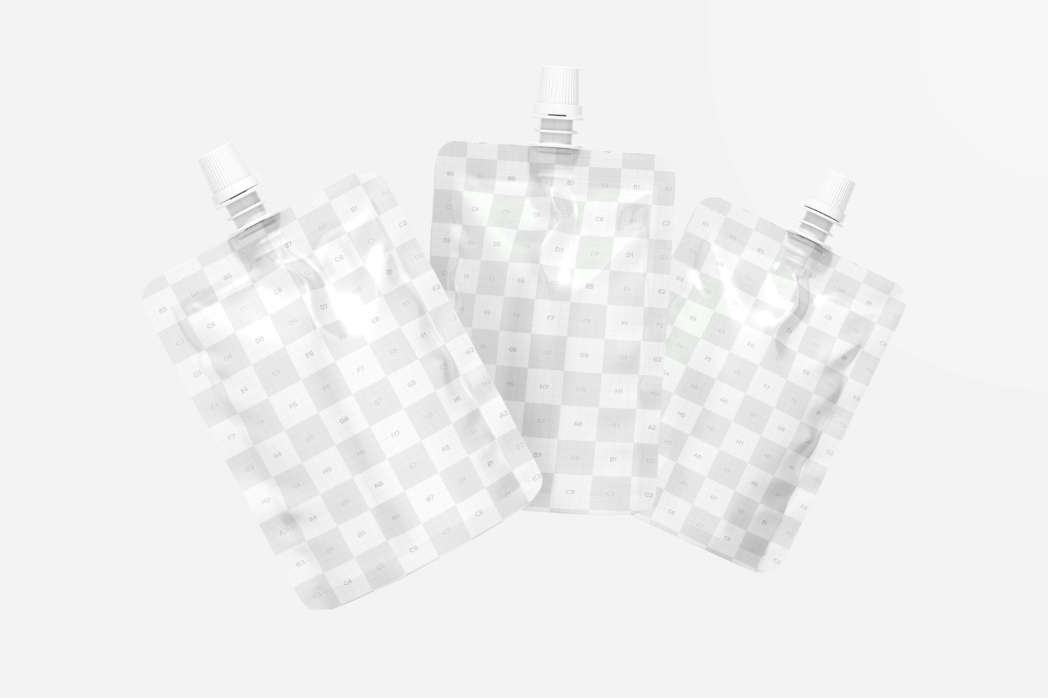 50ml Metallic Spout Pouches Set Mockup 50ml Metallic Spout Pouches Set Mockup
