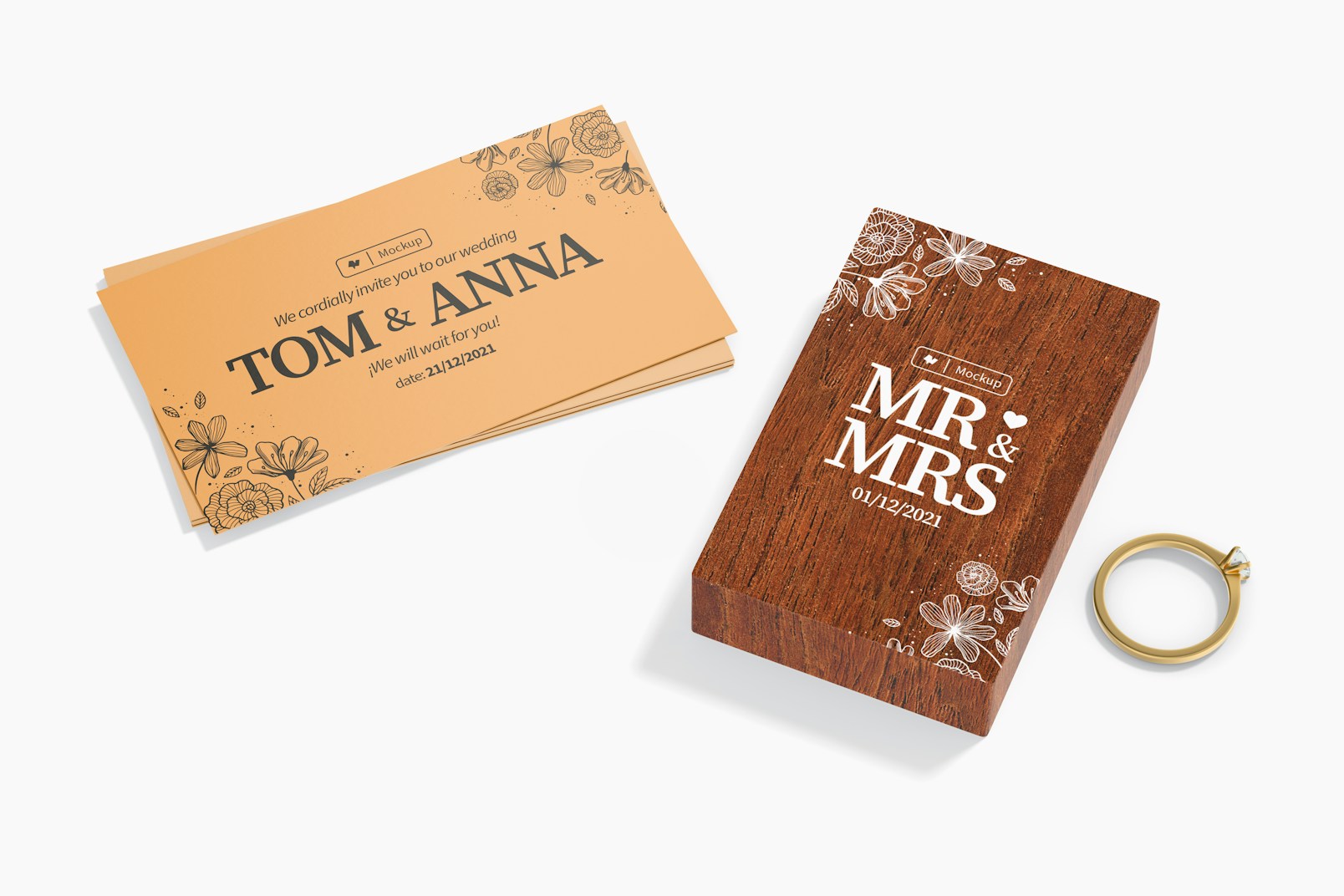Flat Ring Box Mockup, with Business Cards