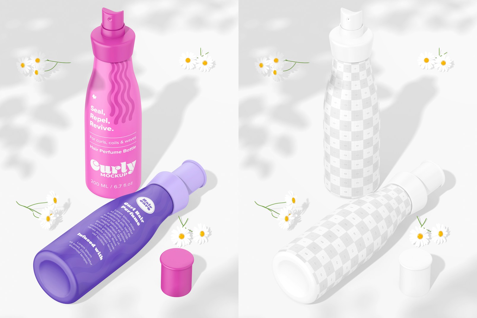 Hair Perfume Bottles Mockup, Standing and Dropped