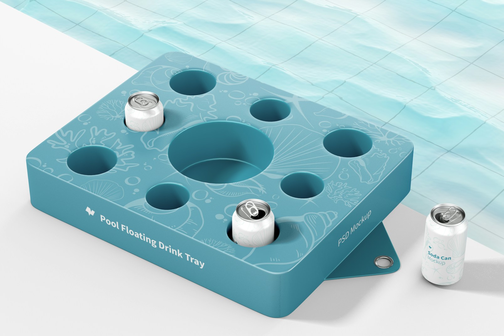Pool Floating Drink Tray Mockup with Tin Cans Drinks