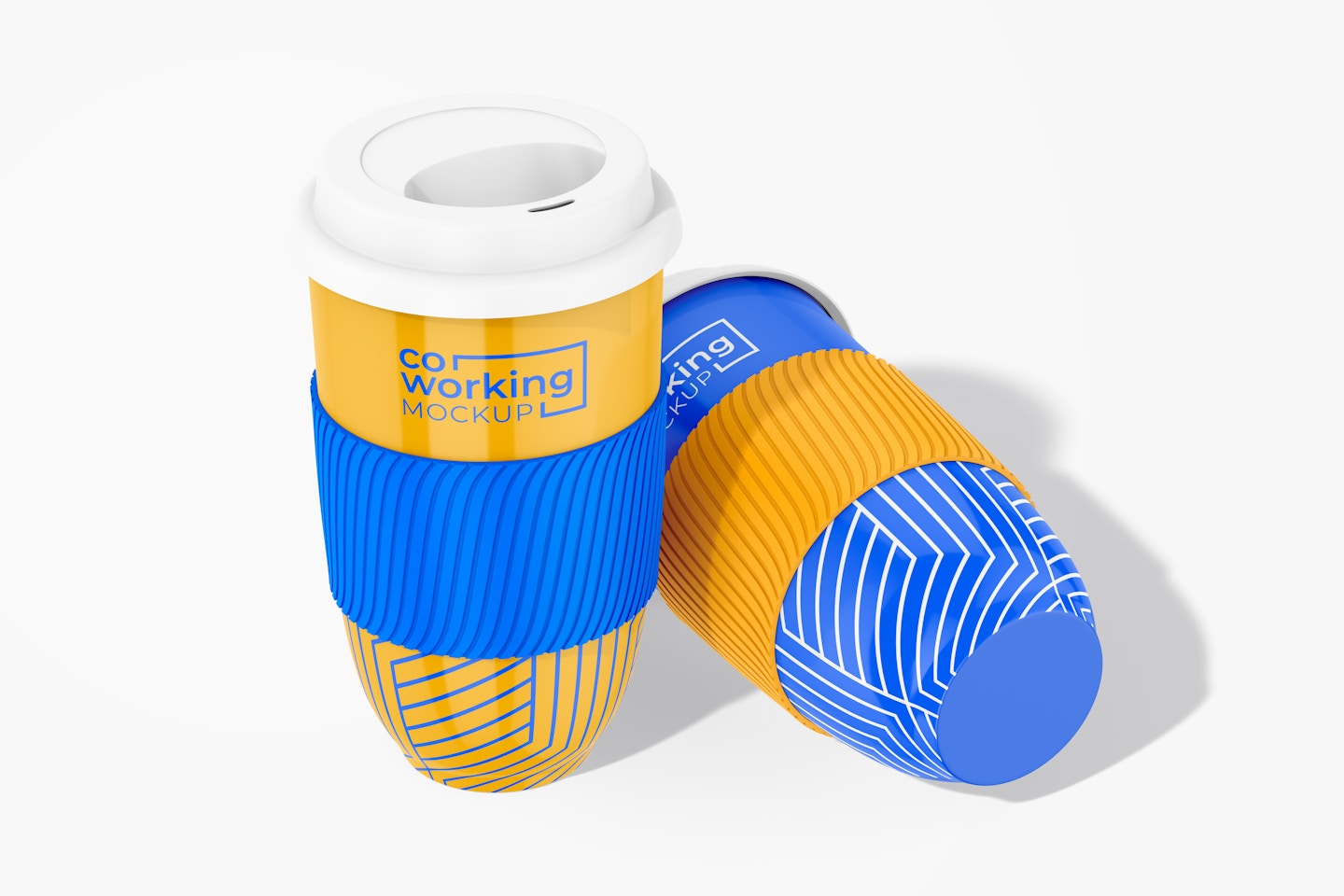 Mugs With Silicone Lid Mockup, Standing and Dropped
