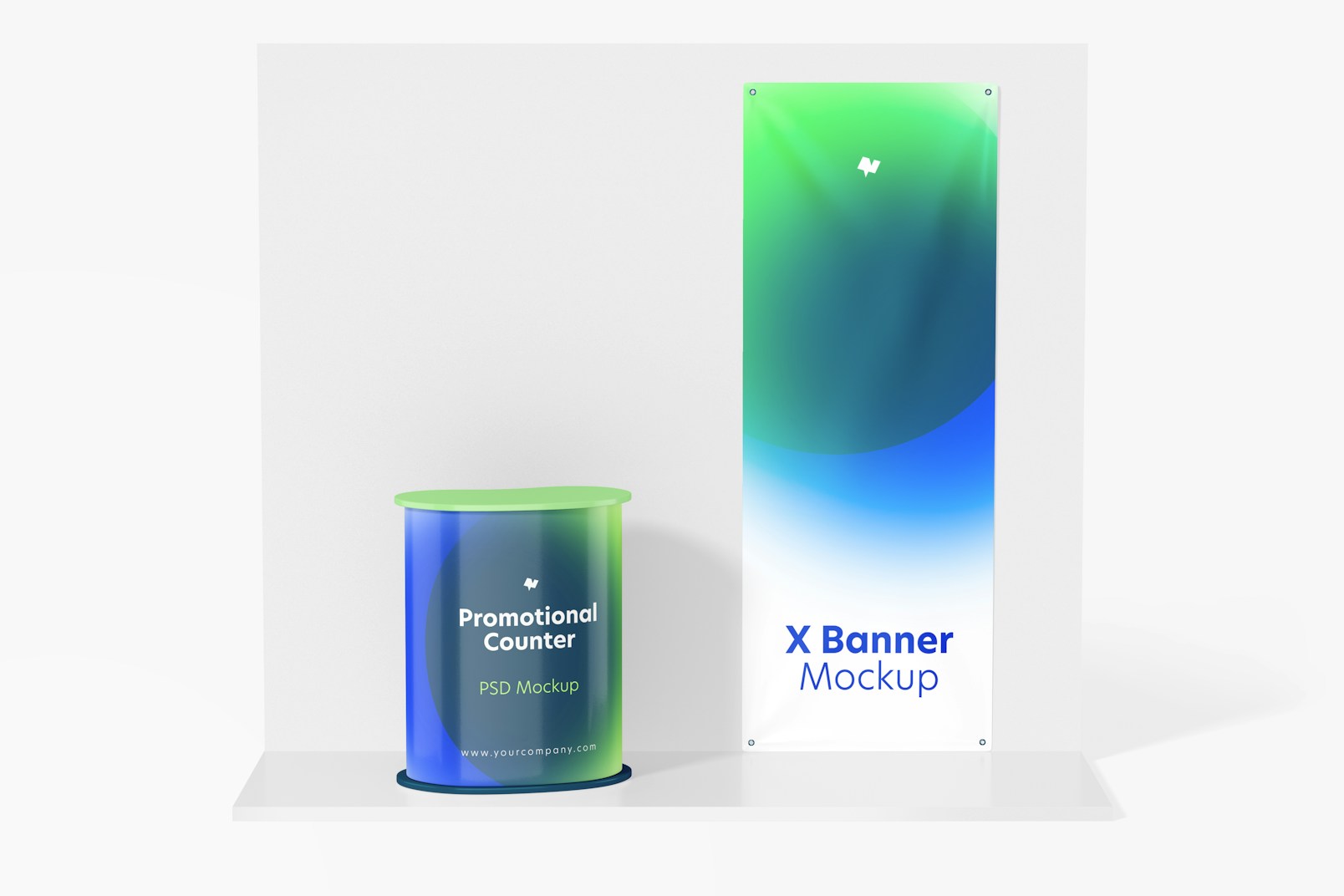 Promotional Counter with X Banner Mockup