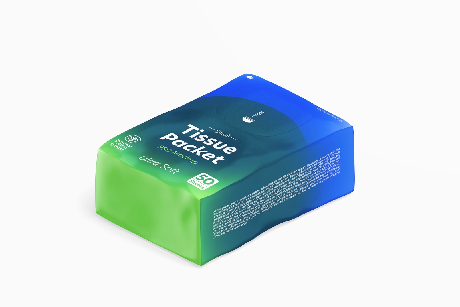 Small Tissue Packet Mockup, Isometric Left View