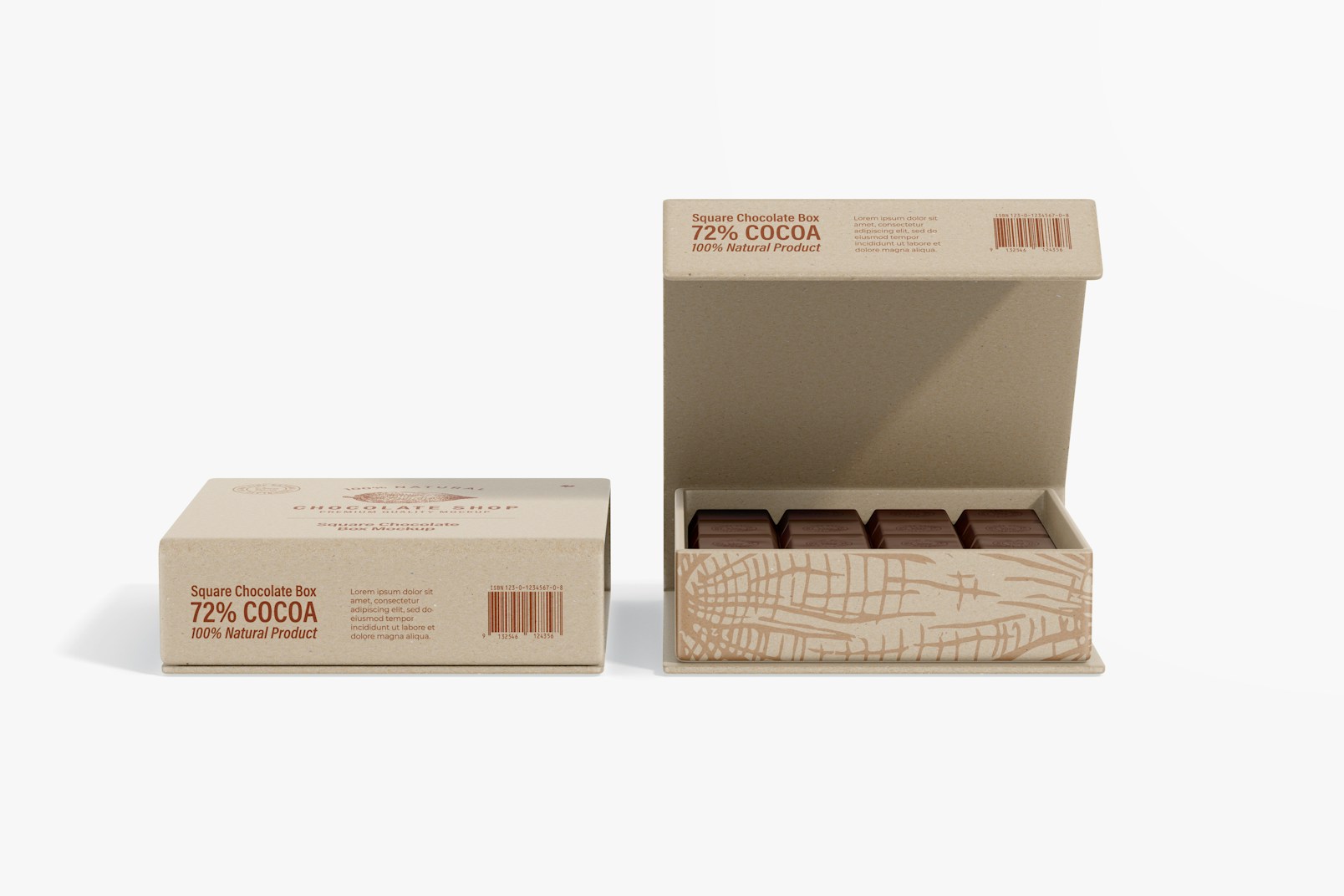 Maqueta de Caja Cuadrada para Chocolate, Vista Frontal