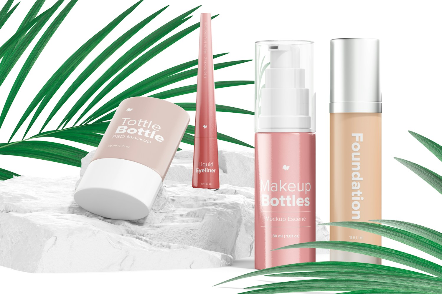 Makeup Bottles Scene Mockup, Front View Makeup Bottles Scene Mockup, Front View