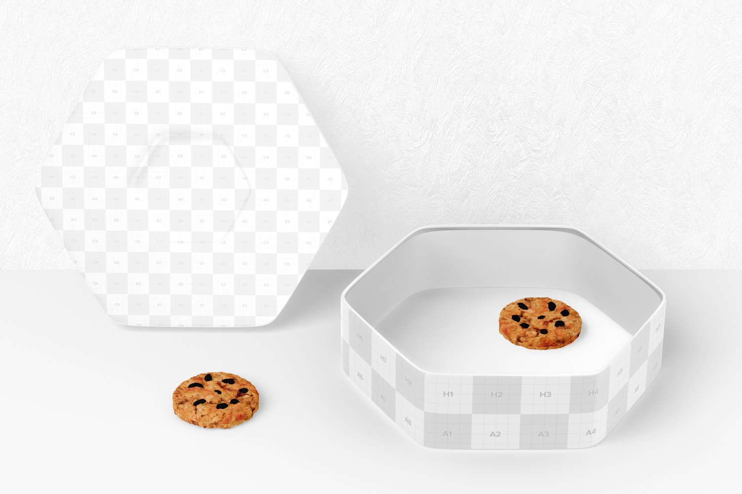 Hexagonal Cookies Tin Box Mockup, Opened and Leaned
