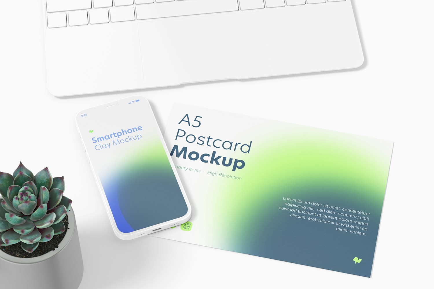 A5 Postcard with iPhone Mockup, Top View