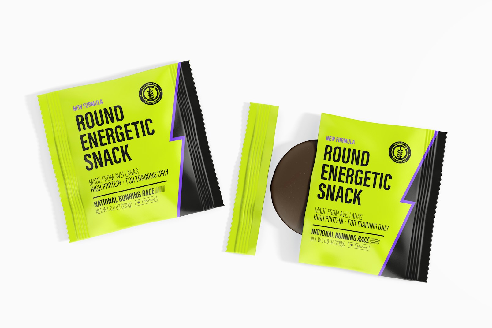 Round Energetic Snacks Packaging Mockup, Front and Back View