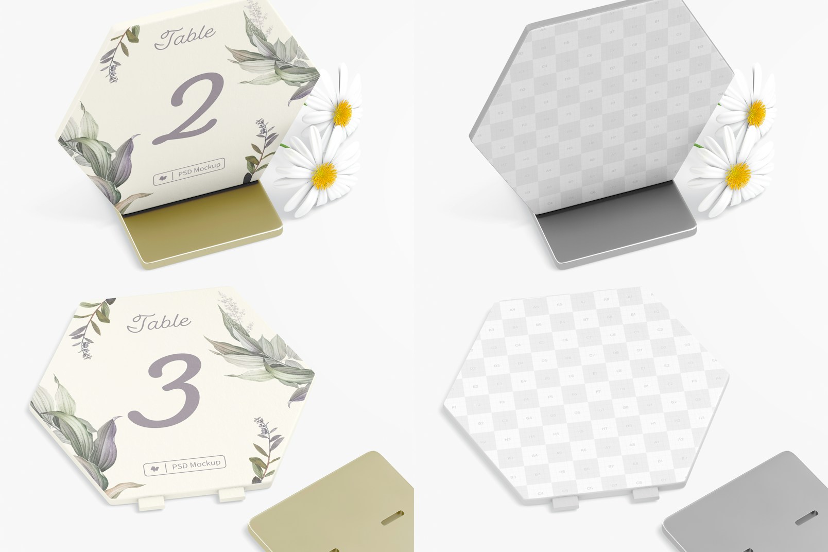 Hexagon Table Card Holders Mockup, Standing and Dropped