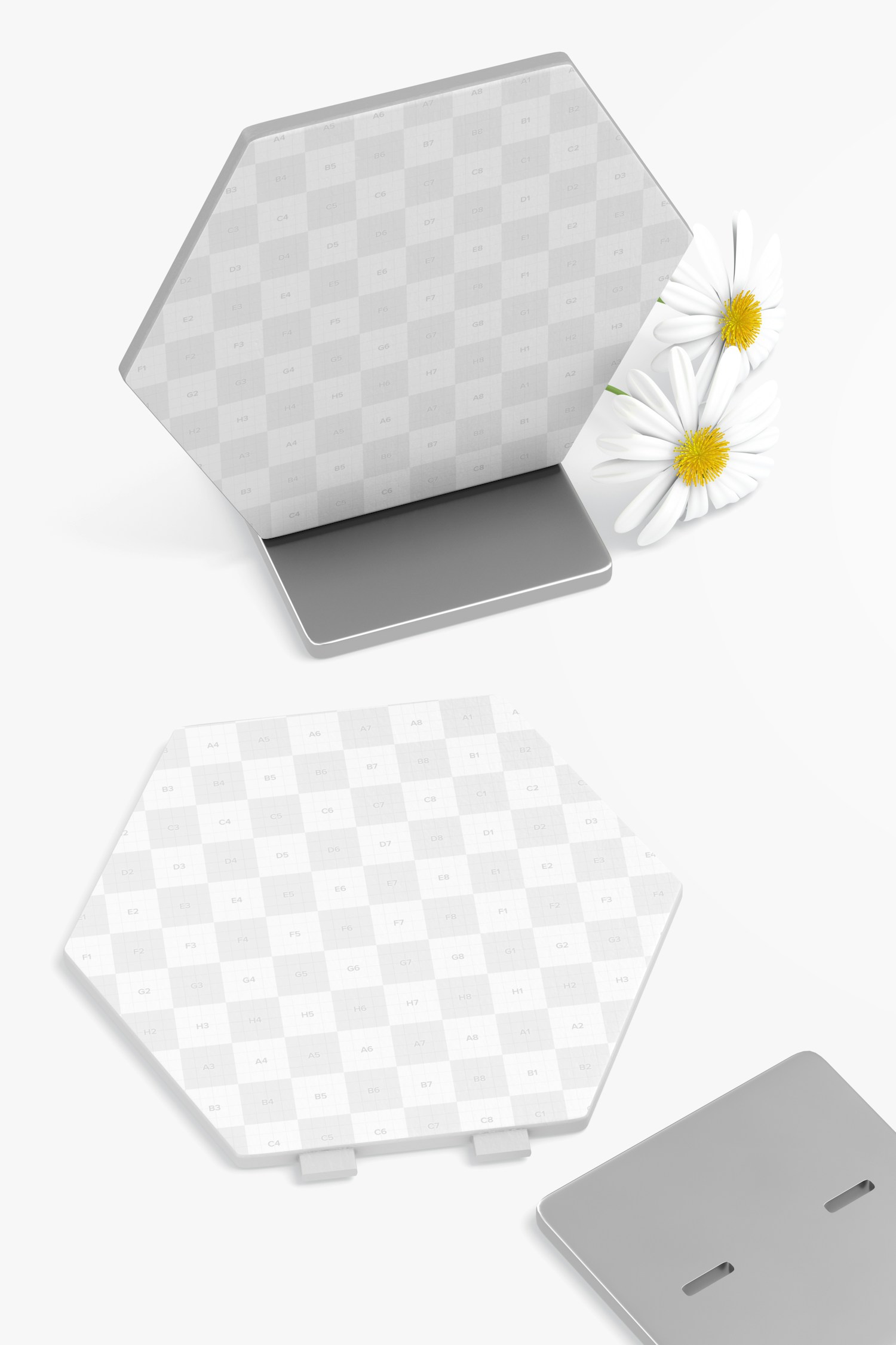 Hexagon Table Card Holders Mockup, Standing and Dropped