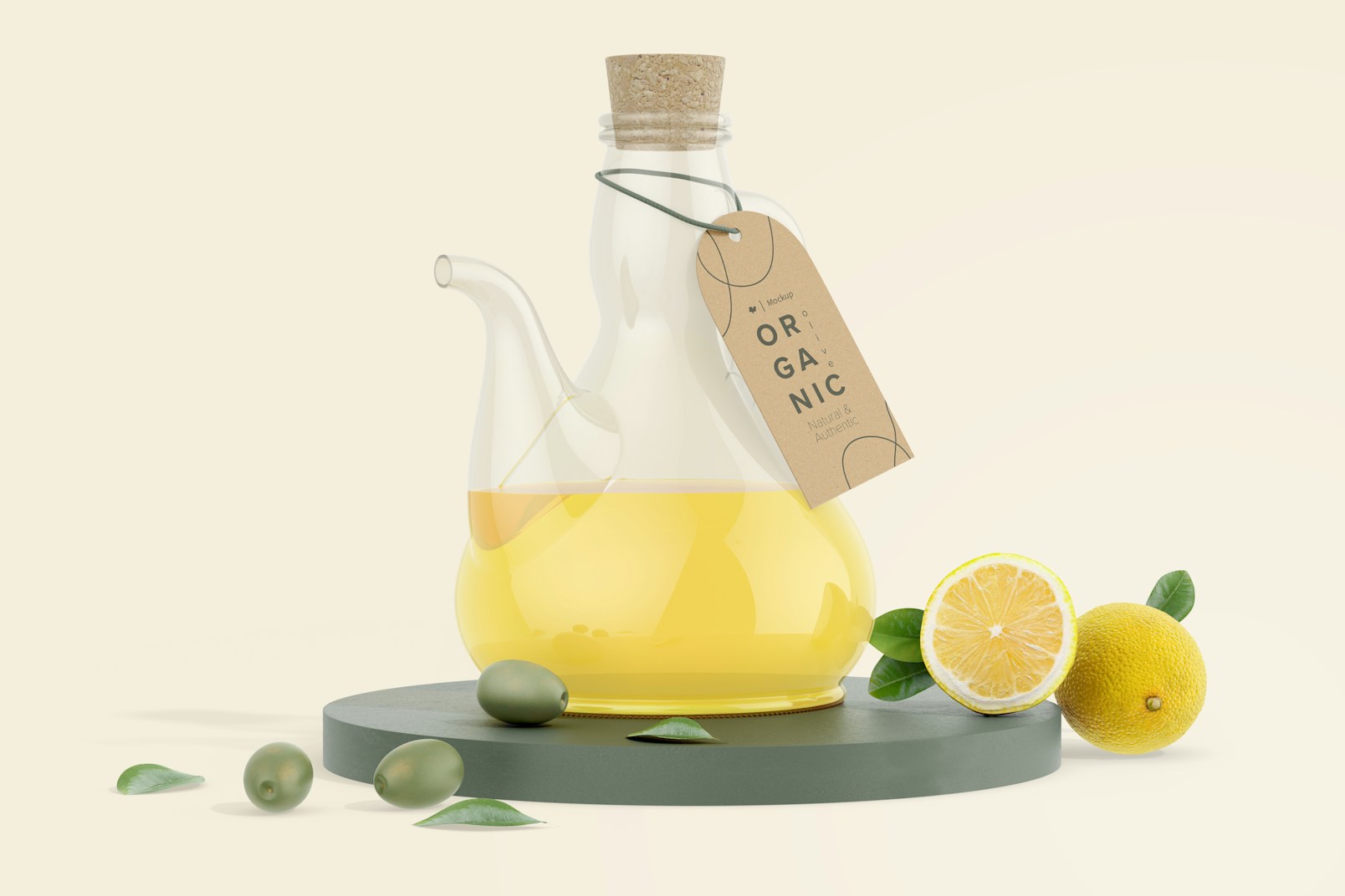 Irregular Olive Oil Bottle Mockup, on Podium