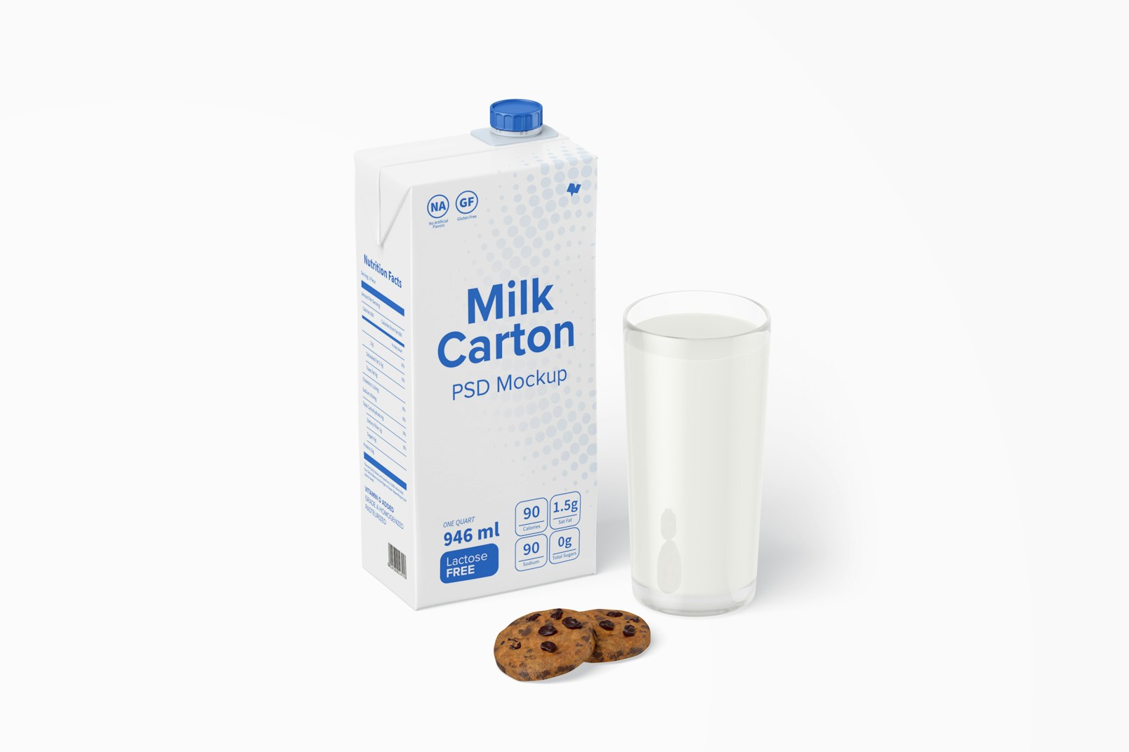 Milk Carton with Glass and Cookies Mockup