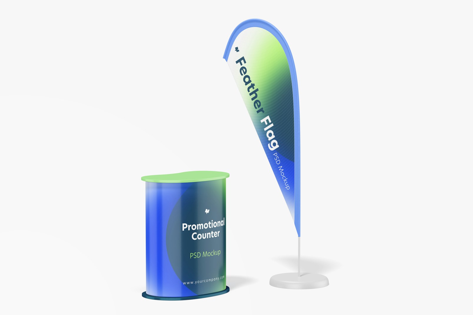 Promotional Counter with Feather Flag Mockup