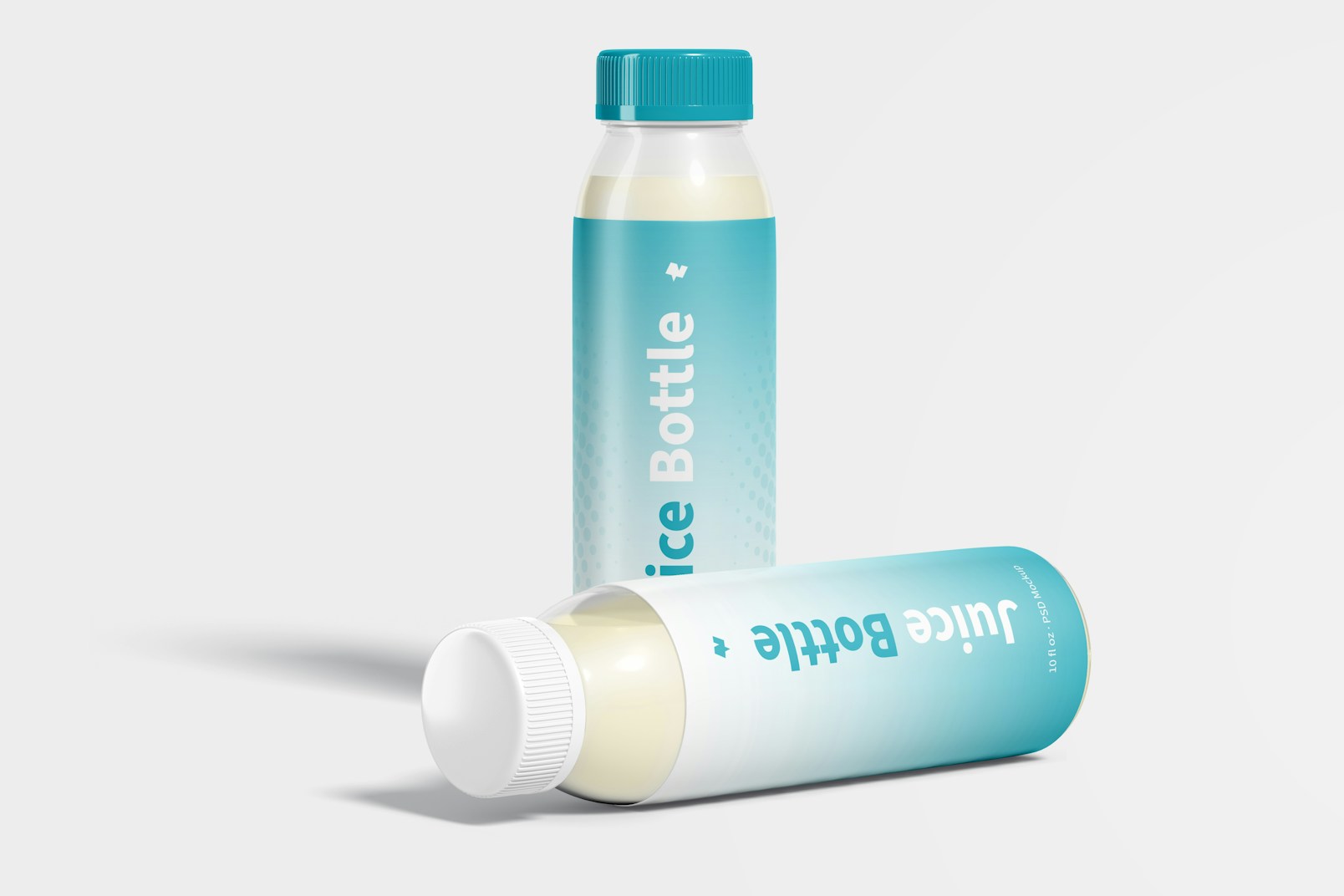 10 oz Clear PET Juice Bottles Mockup, Standing and Dropped