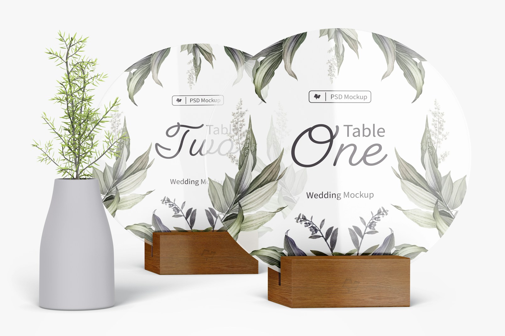 Round Table Signs with Plant Mockup
