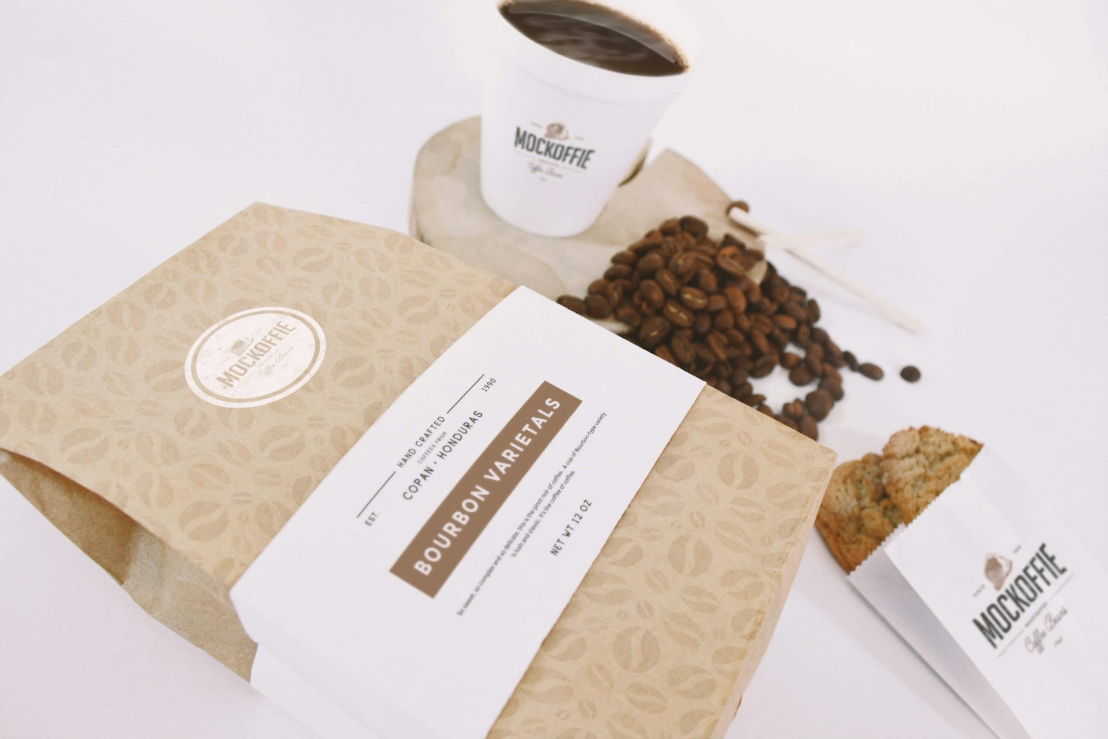 Coffee Bag and Cup Mockup Perspective Top View