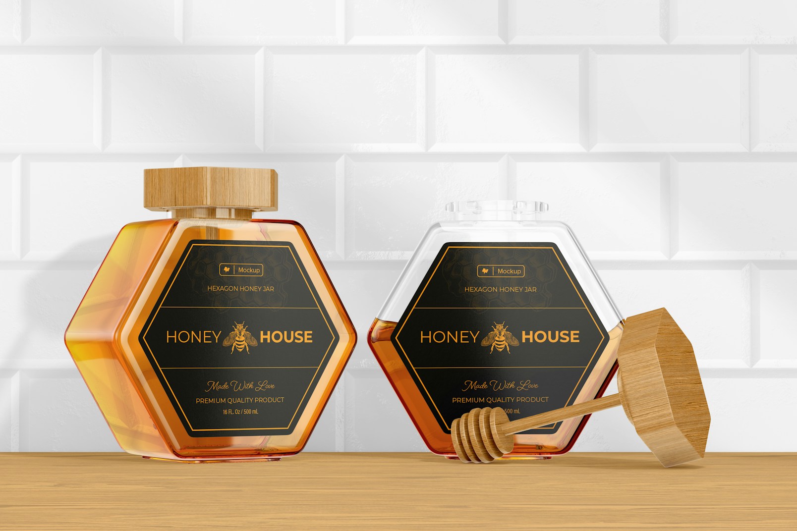 Hexagon Shaped Honey Jars Mockup
