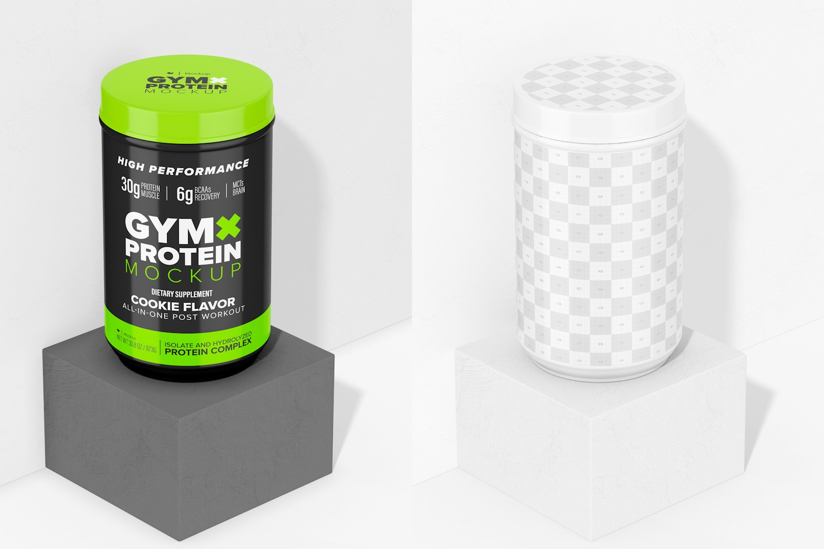 Long Protein Powder Container Mockup, Perspective
