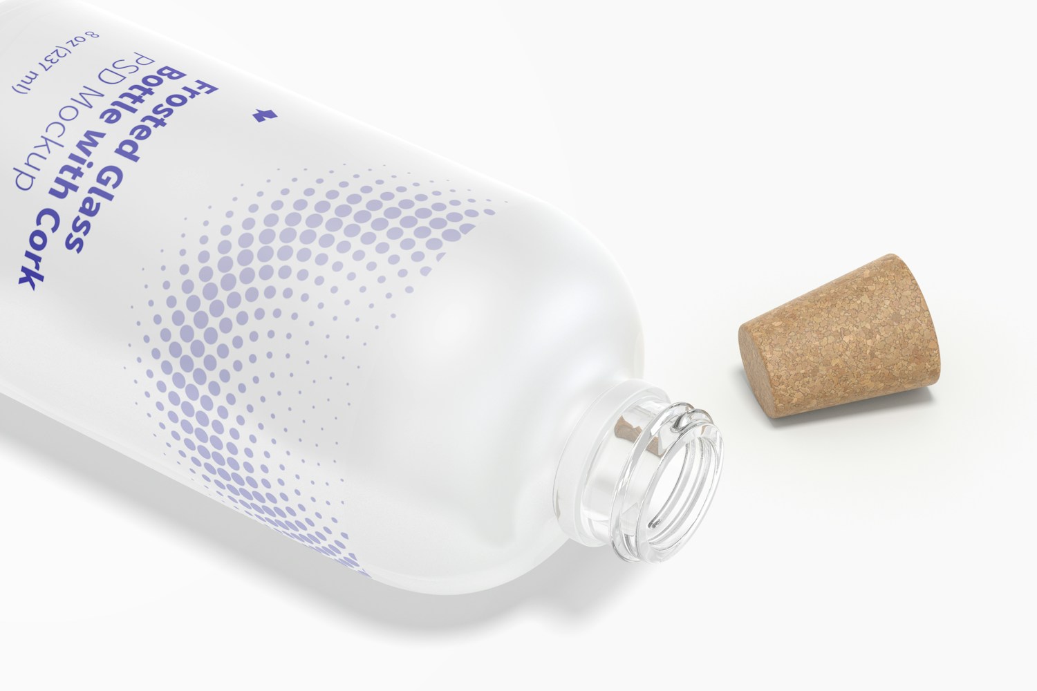 Frosted Glass Bottle with Cork Mockup, Close-Up Frosted Glass Bottle with Cork Mockup, Close-Up