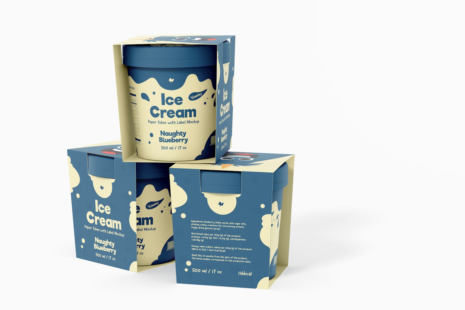 500 ml Ice Cream Paper Tub with Label Mockup, Stacked