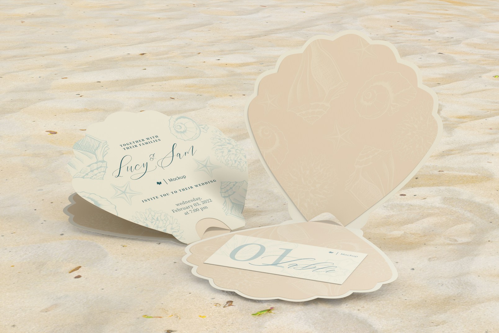 Shell Shaped Invitation Cards Mockup, on Sand