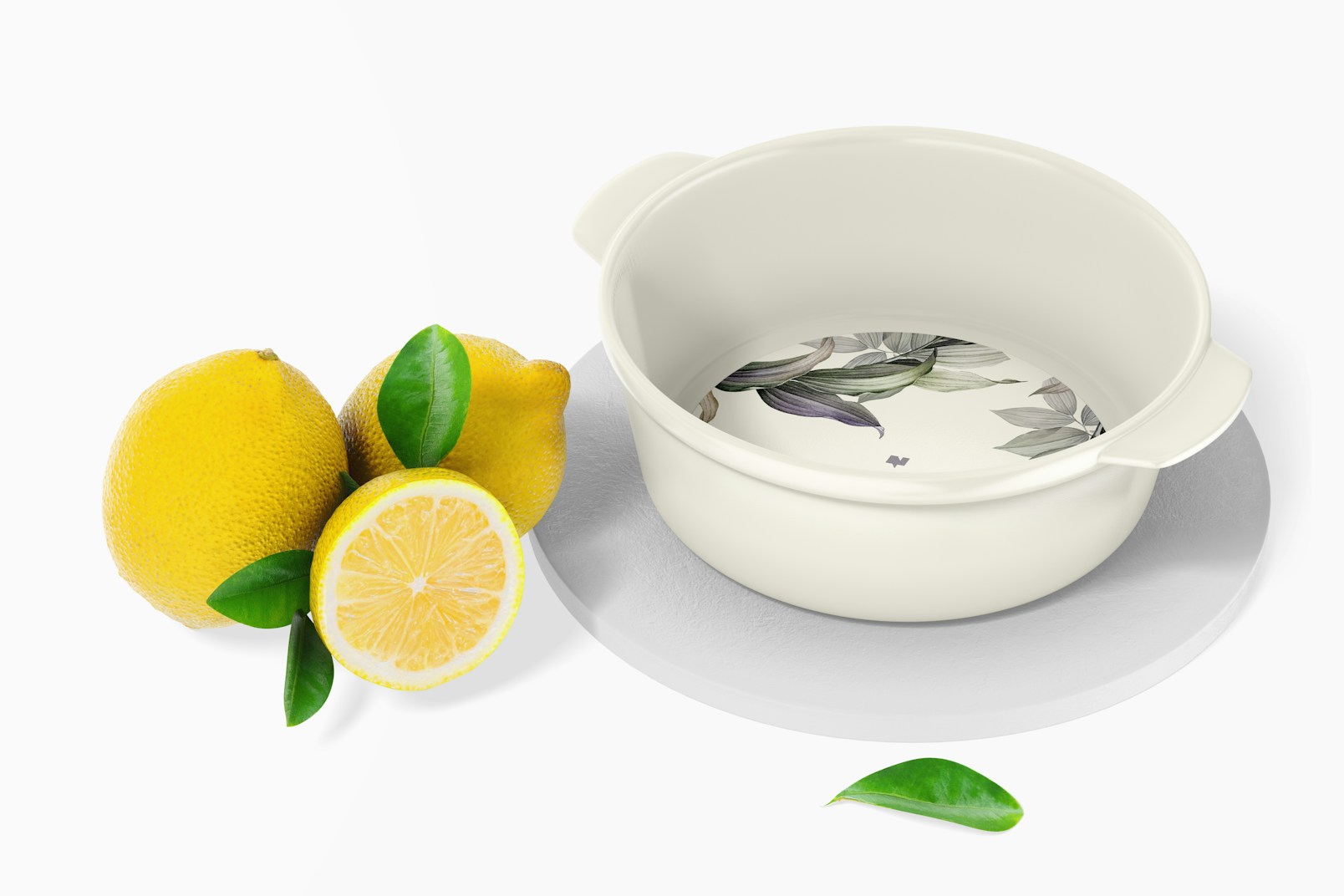 Round Ceramic Dish with Handles Mockup, with Lemons