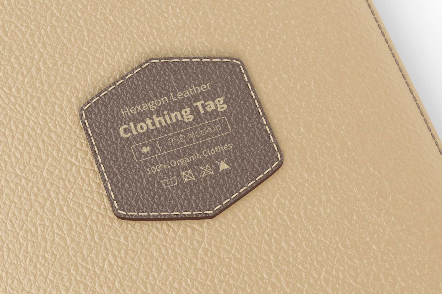 Hexagon Leather Clothing Tag Mockup, Close Up Hexagon Leather Clothing Tag Mockup, Close Up