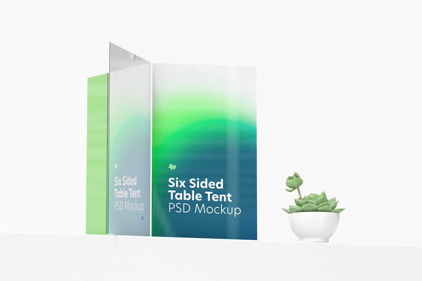 Six Sided Acrylic Table Tent Mockup, Low Angle View