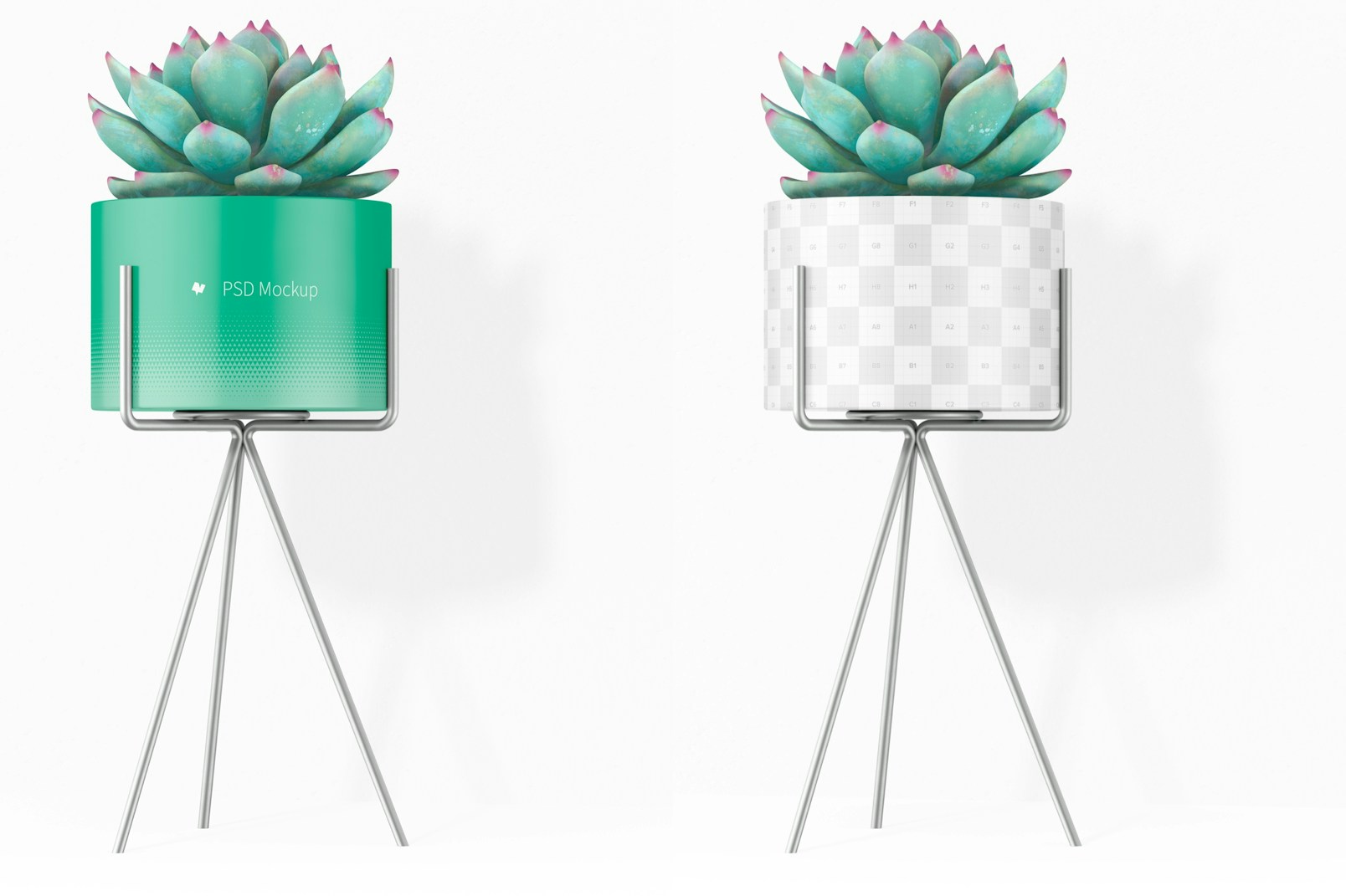Small Flower Pot with Metal Stand Mockup, Front View