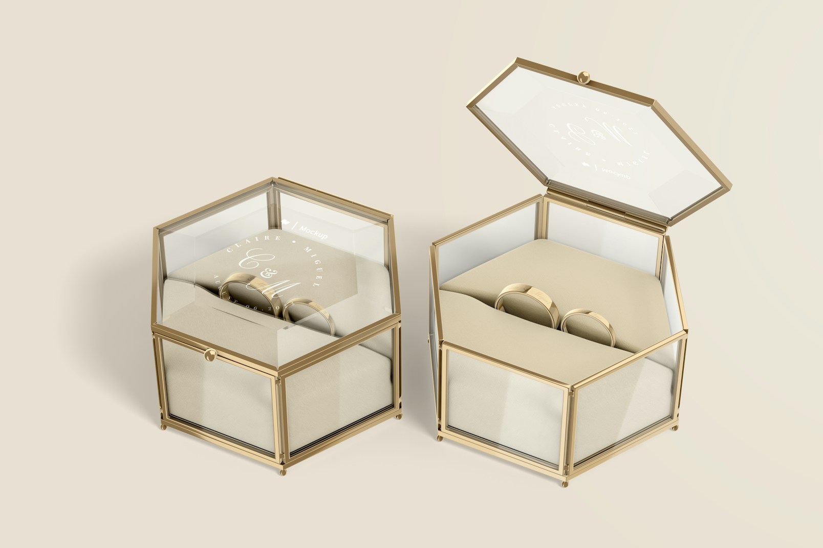 Hexagonal Clear Ring Boxes Mockup, Opened and Closed