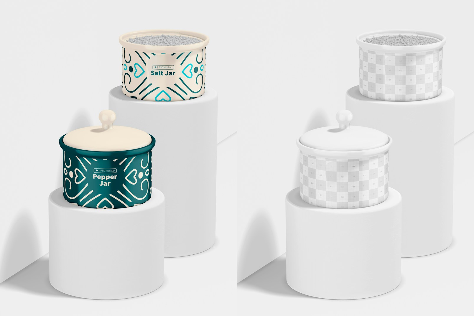 Ceramic Salt and Pepper Jars Mockup, on Podiums