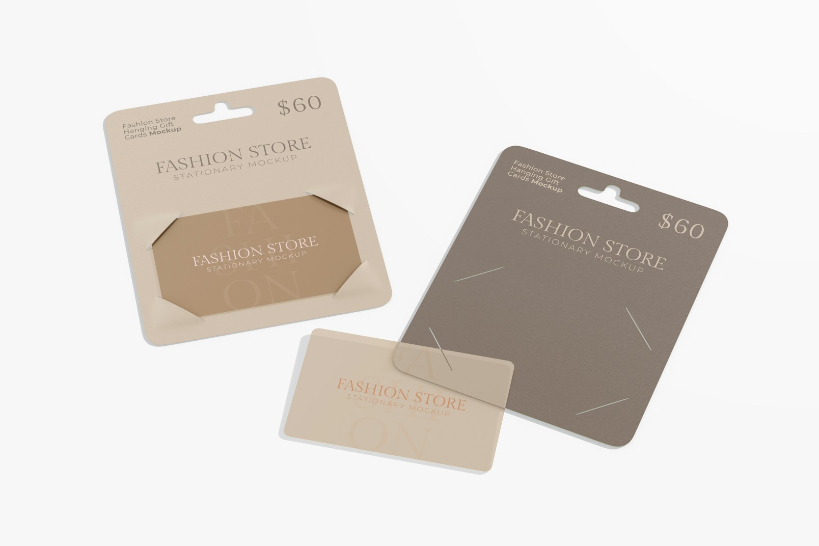 Fashion Store Hanging Gift Cards Mockup, Perspective