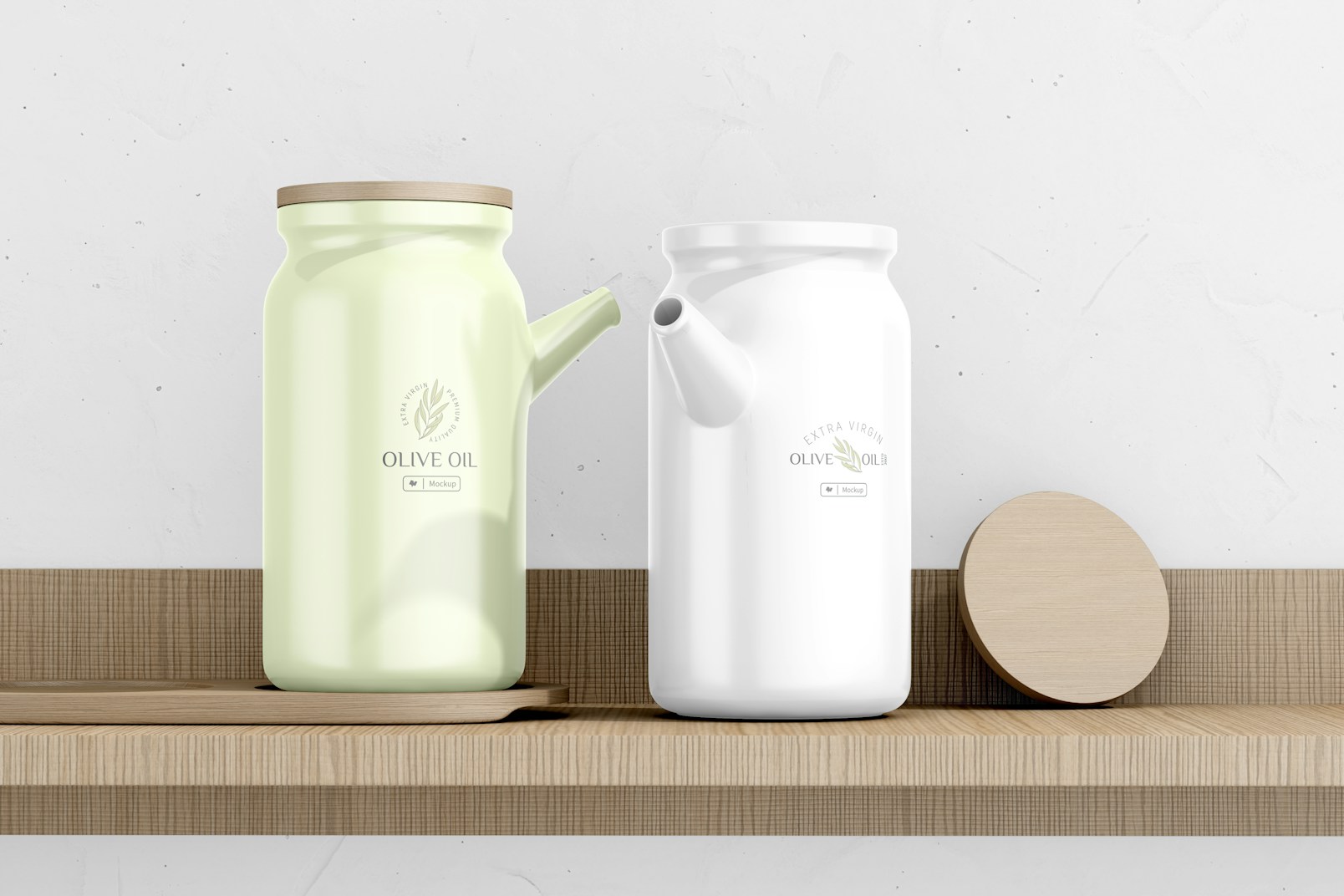 Oil Bottles with Bamboo Tray Mockup, on Shelf