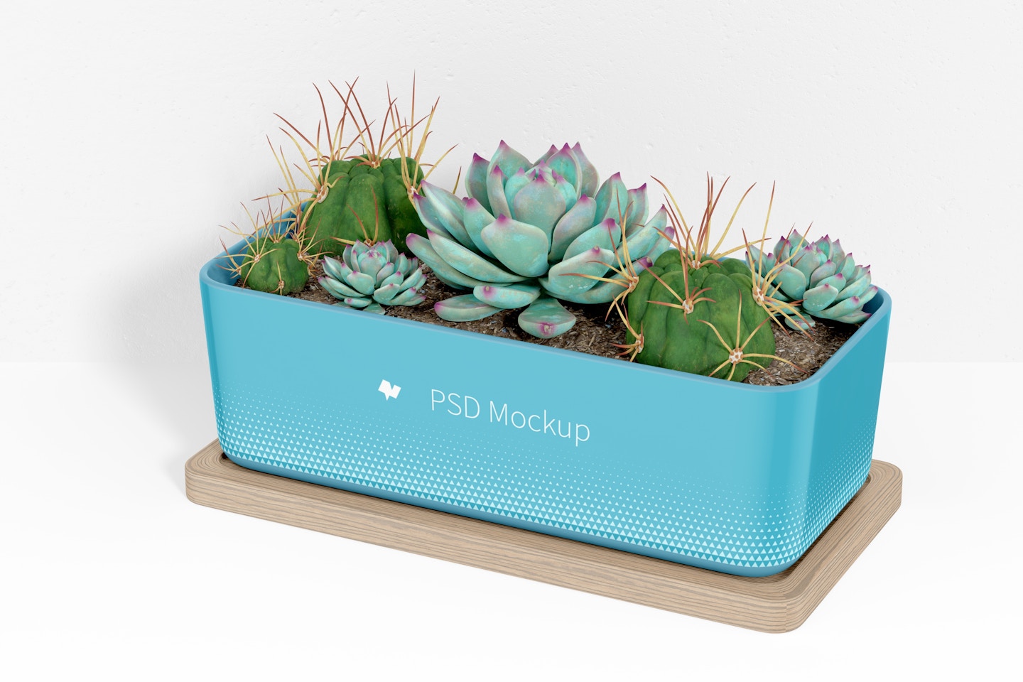 Rectangular Pot with Bamboo Tray Mockup, Left View