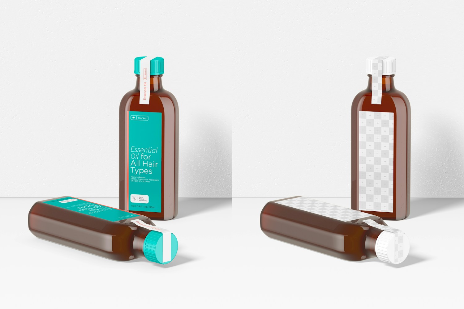 3.4 oz Oil Bottles Mockup, Standing and Dropped 3.4 oz Oil Bottles Mockup, Standing and Dropped