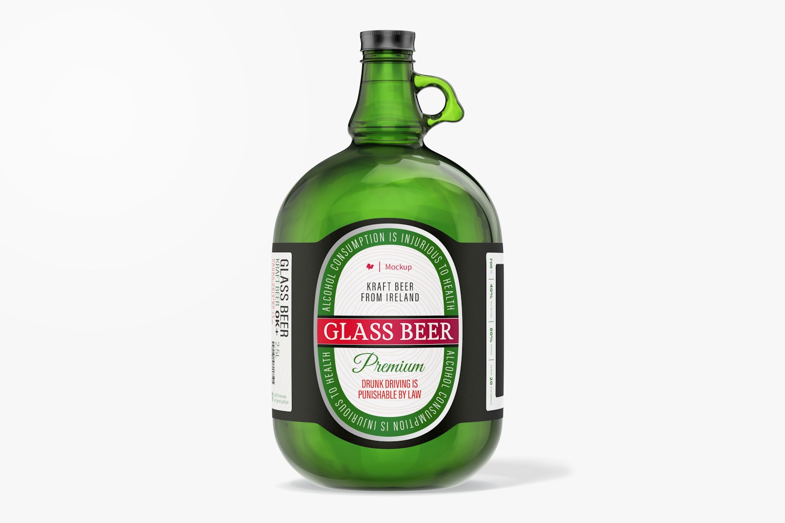 Glass Beer Bottle with Handle Mockup, Front View