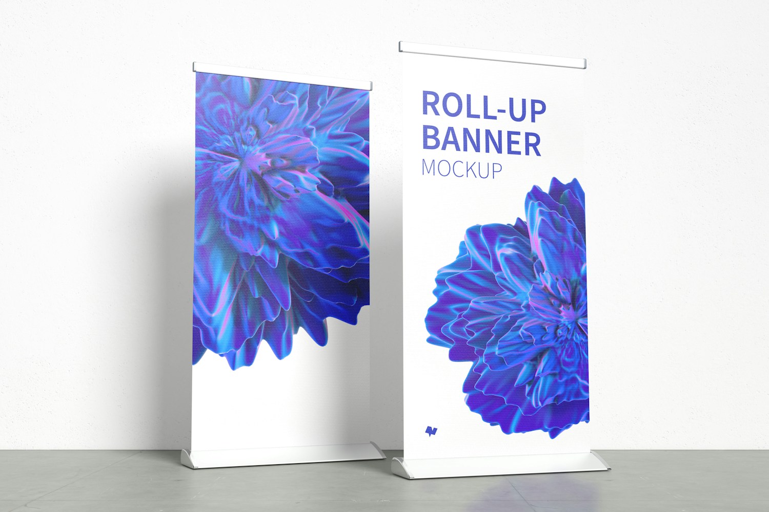Standing Roll-Up Banners Mockup with a Background Wall